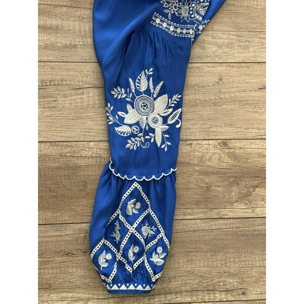 JOHNNY WAS Workshop Sm Blue Embroidered Top 100% Modal Button Up Scallop Sleeve - Picture 11 of 16